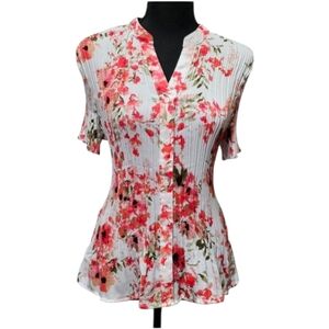 Laura Scott semi sheer Stretchy Pleats floral button up blouse Size L